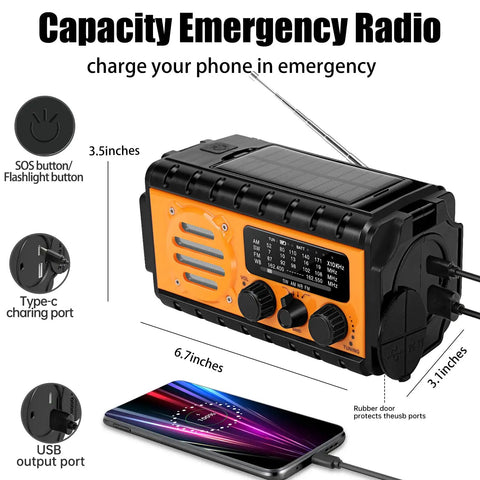Emergency Weather Radio With Hand Crank And Solar Charging NOAA Alerts SW AM FM Survival Radio 20000mAh Battery with phone