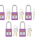 5 Pack 38mm Industrial Safety Padlocks Lockout Tagout Kit With 10 Keys And Writable Labels NonConductive For Machine Building Electrical Maintenance Built Tough As Nails And Resists Impacts Standing Strong Through Freezing Or Scorching Temps, purple