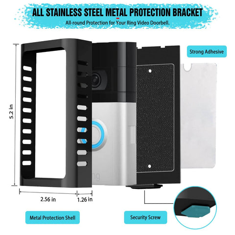 No Drill Doorbell Mount for Ring Battery Video Doorbell with Adhesive Steel Bracket and Anti Theft Wall Mount