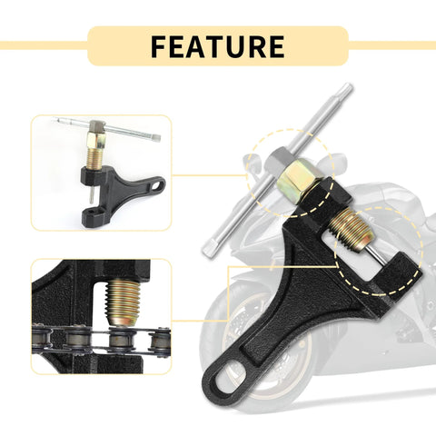 Front view of black motorcycle chain breaker tool with threaded screw and pin, for 420/428/520/525/528/530 chains