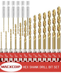 Macxchip hex shank drill bit set, 19 pieces with titanium twist bits in red holder; sizes 1/16–1/4 in
