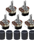Five 10K Ohm Rotary Potentiometers with Switch and Alloy Knob for DIY Electronics, adjustable resistance speed controller