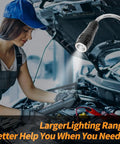 Extendable Magnetic Flashlight With Telescoping Magnet Pickup Tool Trio For Auto Repair held by mechanic under car hood