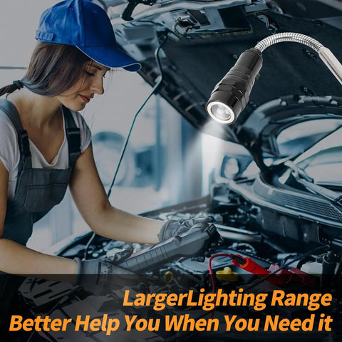 Extendable Magnetic Flashlight With Telescoping Magnet Pickup Tool Trio For Auto Repair held by mechanic under car hood