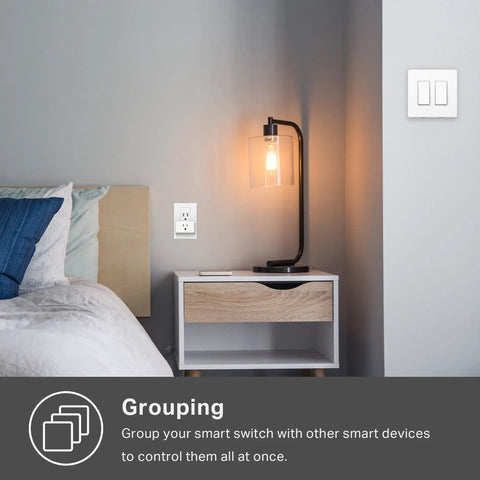 Bedroom scene with installed 2-Gang Smart Wi-Fi Light Switch With Neutral Wire Required, Works With Alexa And Google Home, No Hub Needed.