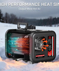 No Fuss 8Kw Diesel Air Heater With Simple LCD Screen And Dang Fast Warmup For Your Ride Or Campout Featuring Sweet Top Shelf Build 12 24 110 220 Volt Portable All In One Heating Rig For Rv Van Camper beside snow, showing performance heat sink.