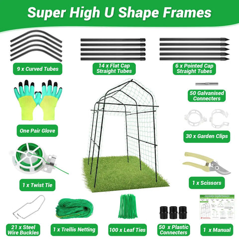 Tall Garden Arch Trellis for Climbing Plants assembly kit with metal frames, connectors, gloves, and scissors on grass.