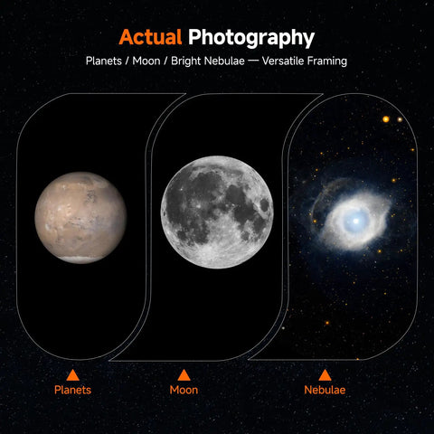 WiFi Telescope Camera With 30 Second Exposure IMX662 Sensor captured images of planets, moon, and nebulae.