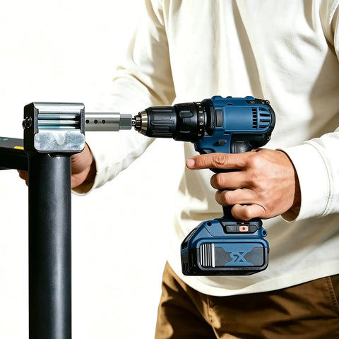 Heavy Duty Trailer Jack Drill Adapter For 1 Inch Shaft Rock Solid 316 Stainless Steel Build connected to cordless drill.