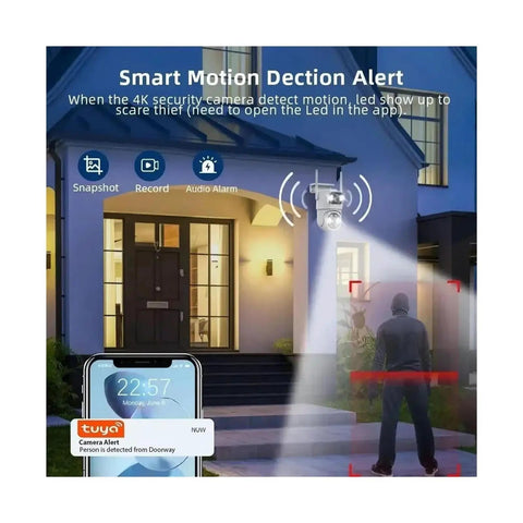 Badass Dual Lens 8Mp Ptz Wifi Security Camera With AI Human Detection And Auto Tracking Hella Crisp Night Vision Two Way Audio And Alexa Ready Top Shelf IP66 Weatherproof Monitoring with motion alert and detection display.