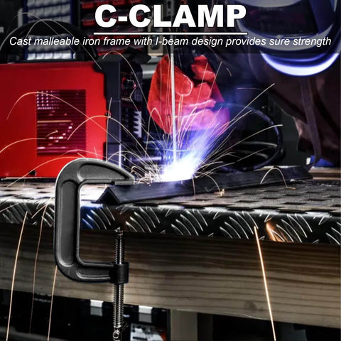Beefy 4 Inch Malleable Iron C Clamp Set 4 Pack Heavy Duty G Clamp in use for metal welding on a workbench