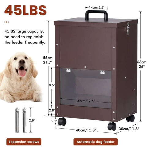 Rock Solid Gravity Dog Food Dispenser For Large Breed Pups 45 Lb Capacity Brown with dimensions and clear viewing window