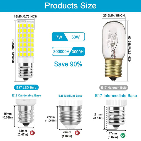 Comparison chart of Dimmable E17 LED Microwave Over Stove Bulb 7W 120V 6000K Daylight White with halogen bulb and bases.