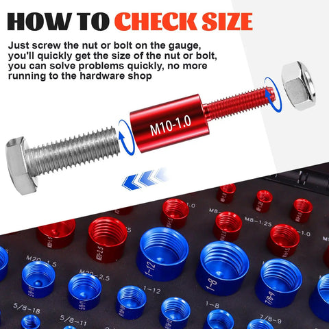 Killer Nut Bolt Thread Checker Kit 50 Pcs Standard And Metric Inch Size Gauges Detachable Screw Identifier in use with bolts.