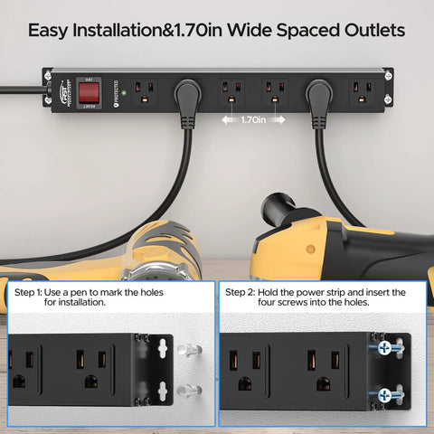 Beefy Heavy Duty Metal Power Strip With Switch Six Outlet 15A 1875W Durable Aluminum Housing 6 Foot Cord Ready For Workshop Garage Home Office Electronics And Tools, wall-mounted with 1.70in outlet spacing