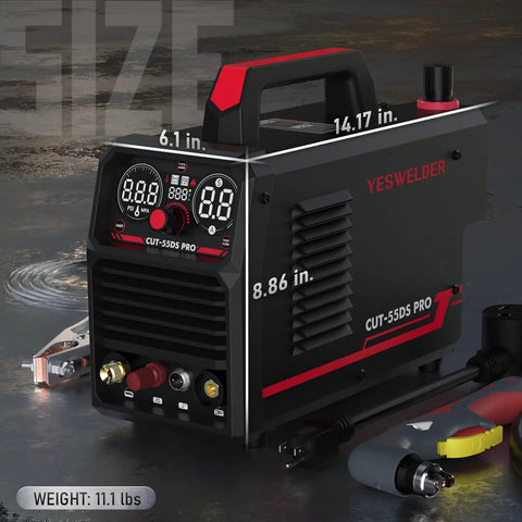 55 Amp Plasma Cutter With Non High Frequency Start Large LED Digital Display Non Touch Pilot Arc Digital DC Inverter Dual Voltage 110 220V CUT 55DS Pro Portable Metal Cutting Machine in black and red design, showing dimensions and weight.