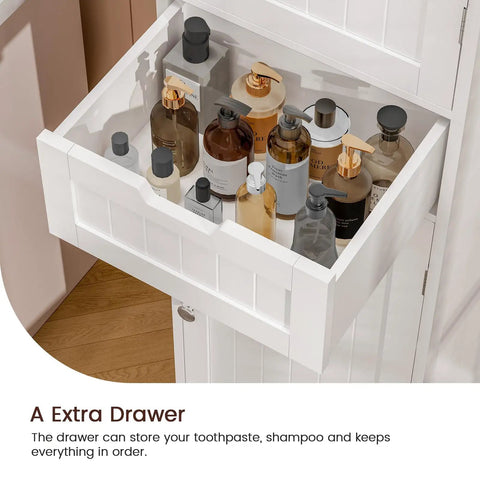 Open drawer of 67 Inch Tall Bathroom Cabinet With Two Doors And One Drawer, Slim 15.7 Inch Wide, 11.8 Inch Deep, adjustable shelves
