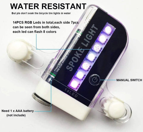 Waterproof LED Spoke Lights For Bikes Two Pack, ultra bright RGB wheel lights with manual switch, IP66 water-resistant.