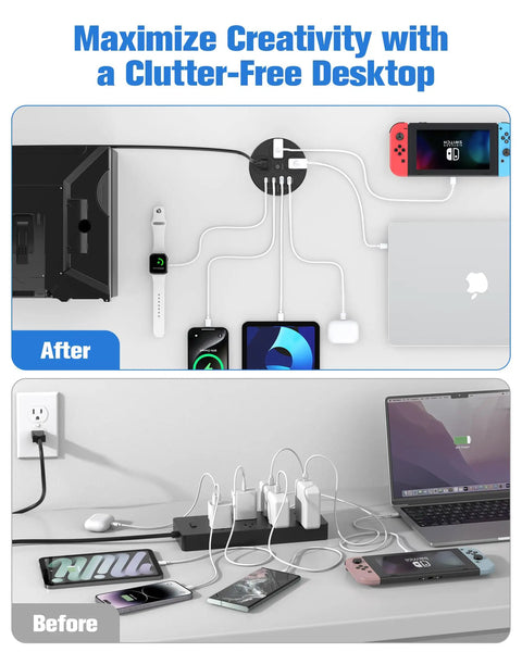 Before and after of Premium 100W USB C Desktop Power Grommet With Compact Layout, showcasing desk wire organization.