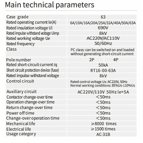 Main technical parameters for Compact Dual Power Auto And Manual Transfer Switch With Over And Under Voltage Protection For Solar And Grid DIN Rail Mount 2 Pole 63A 110V Uninterruptible Power Switch Built For Home Backup Workshop Or Off Grid Systems.
