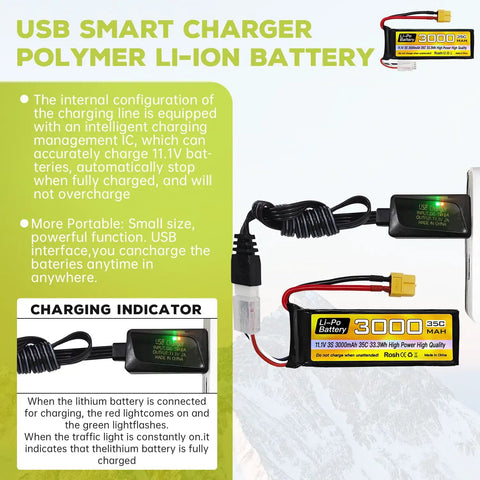 3S 11.1V 3000mAh 35C RC Battery With XT60 Plug And USB Charging Cable, smart charger and indicators displayed.