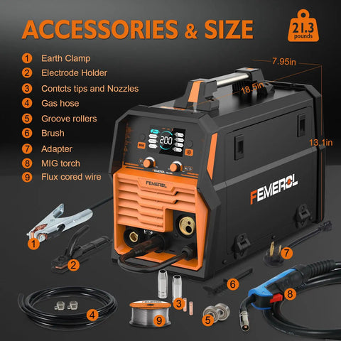 4 In 1 MIG Welder 200A Multi Process With Gas MIG Flux Core Stick Lift TIG Dual Voltage 110V 220V Large LED Display