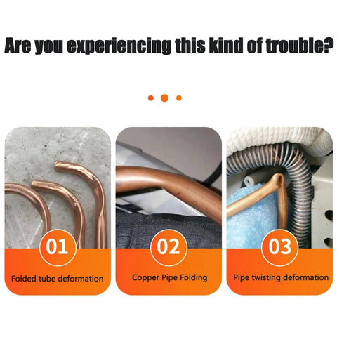 Image showing folded copper tubes, pipe folding, and twisting deformation troubleshooting for Heavy Duty Electric Copper Tube Bender And Pipe Bending Tool For AC Refrigerator Repair With One Hand Operation And No Sweat Quick Nine Second Ninety Degree Forming For Soft Aluminum And Copper Lines Up To Seven Eighths Inch Knuckle Saver Design.