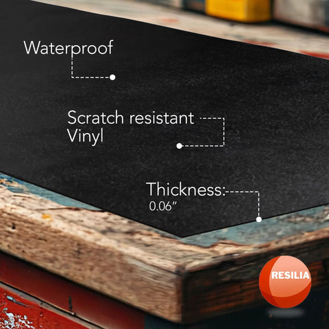 Heavy Duty 15 X 36 Inch Work Bench Mat With Scratch-Resistant 0.06 Inch PVC Protects Your Workbench, Table, And Tool Station From Painting, Woodworking, Crafting, And Building Messes Black Made In USA on a wooden surface.