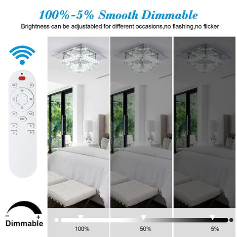 Dimmable Flush Mount Crystal Ceiling Light With Remote Control, LED K9 Crystal 2 Square Mini Lamp, brightness control demonstration