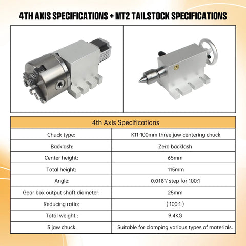 Heavy Hitter CNC Router Fourth Axis Rotary Table With 3 Jaw 100MM Chuck features detailed specifications for precision milling.