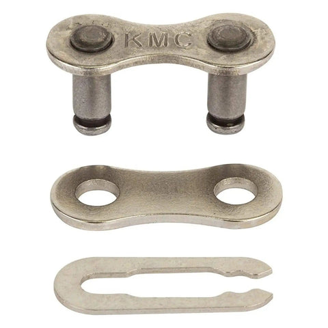 Spring Clip Link Bike Chain Kit With No Tools Needed, Grey, laid out flat showing components and single-use link