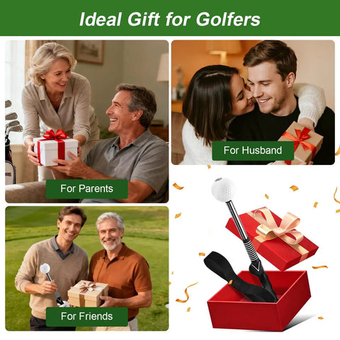 Gift box with Retractable Golf Swing Trainer With Click Sound And Posture Correction Arm Band next to joyful family and friends.