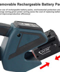 Close-up of removable rechargeable battery pack for Heavy Duty Handheld Automatic Strapping Machine For One Half To Five Eighth Inch Pp Pet Straps With Built In Battery Powered Electric Banding Tool For Secure Fast Welding And Cutting Packaging Supplies.