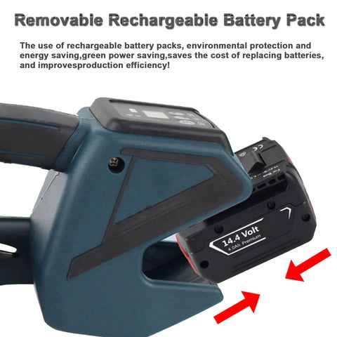 Close-up of removable rechargeable battery pack for Heavy Duty Handheld Automatic Strapping Machine For One Half To Five Eighth Inch Pp Pet Straps With Built In Battery Powered Electric Banding Tool For Secure Fast Welding And Cutting Packaging Supplies.