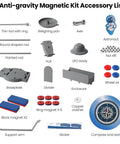 Accessories of 12 In 1 Anti Gravity Magnetic Levitation Science Kit including magnets, axle, compass, copper washer, astronaut figure.