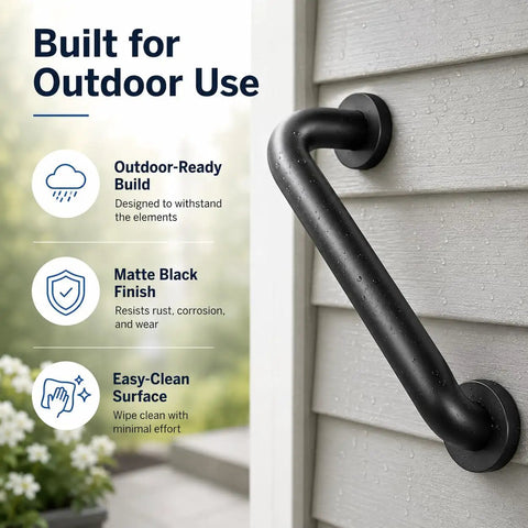 Rock Solid 12 Inch Matte Black Stair Handrail Wall Mounted Grip Aid For Indoor Outdoor Steps Porch Straight Up Safety Rail With Smooth Comfortable Tubular Handle For Elderly, waterproof matte black finish on outdoor railing.