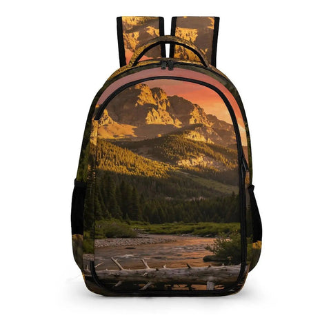 Golden Hour Creek Printed Unisex Backpack With Large Capacity Dope Everyday Carry for school travel hiking and commute.