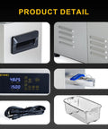 Heavy Duty Six Liter Ultrasonic Cleaner Featuring Built In Heater And Dual Frequency Sweep Tech control panel, drainage valve, and cleaning basket.