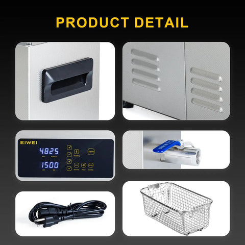 Heavy Duty Six Liter Ultrasonic Cleaner Featuring Built In Heater And Dual Frequency Sweep Tech control panel, drainage valve, and cleaning basket.