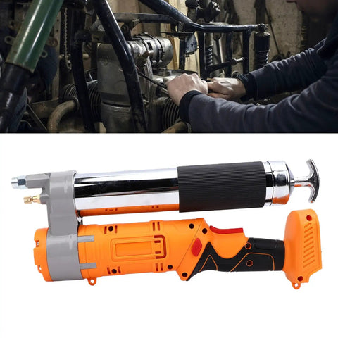 Cordless Electric Grease Gun With 2 In 1 Rotating Handle, high pressure lubrication tool with visible orange casing.