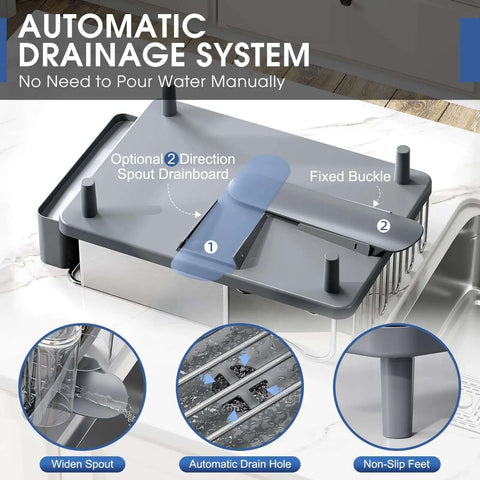 Automatic drainage system for Premium Stainless Steel Dish Drying Rack with Large Capacity Counter Organizer.
