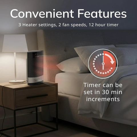 Ellipse Ceramic Tabletop Heater With Tip-Over Switch And Child Lock Digital Display Thermostat Auto Eco Mode Wide Oscillation Remote 1500W Black on bedside table next to lamp and bed
