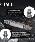 Damaged Screw Extractor Set 6 Pack For Stripped Screws And Rusty Bolts Easy Out Removal Tool with HSS 4341 bit details shown.