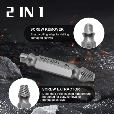 Damaged Screw Extractor Set 6 Pack For Stripped Screws And Rusty Bolts Easy Out Removal Tool with HSS 4341 bit details shown.