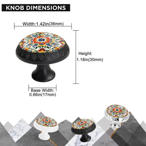 Six Pack Vintage Crystal And Ceramic Drawer Knobs Featuring Bold Red Yellow Mosaic Tile Designs On Simple White Mounts To Bring Fresh Bohemian Swag To Your Kitchen Drawers Or Bathroom Vanities dimensions and colors