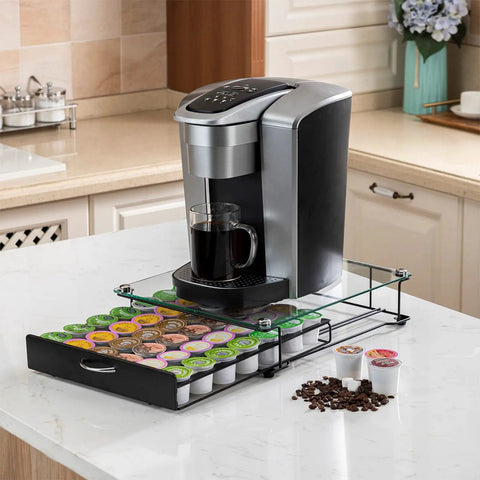 K Cup Holder Drawer With Crystal Tempered Glass Top, Heavy Duty Metal Coffee Pod Organizer Deskside Ready, Holds 42 K Cups