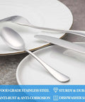 Big Value 16 Piece Dinner Spoon Set 7.3 Inch Tablespoons Premium Food Grade Stainless Steel Spoons shown on white dishes