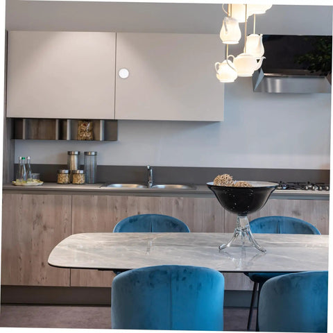 Modern kitchen with Six Piece White Alloy Round Cabinet Handles Set For Kitchen Cabinets And Furniture Drawer Knobs visible on cabinet.