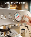 Heavy Duty Dual Boiler Espresso Machine With Built In Grinder And 20 Bar Pressure For Ridiculously Smooth Shots Featuring Pid Temp Control, close-up of controls and pressure gauge.