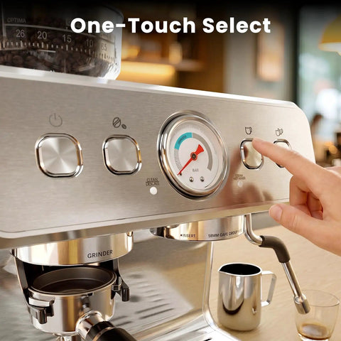 Heavy Duty Dual Boiler Espresso Machine With Built In Grinder And 20 Bar Pressure For Ridiculously Smooth Shots Featuring Pid Temp Control, close-up of controls and pressure gauge.